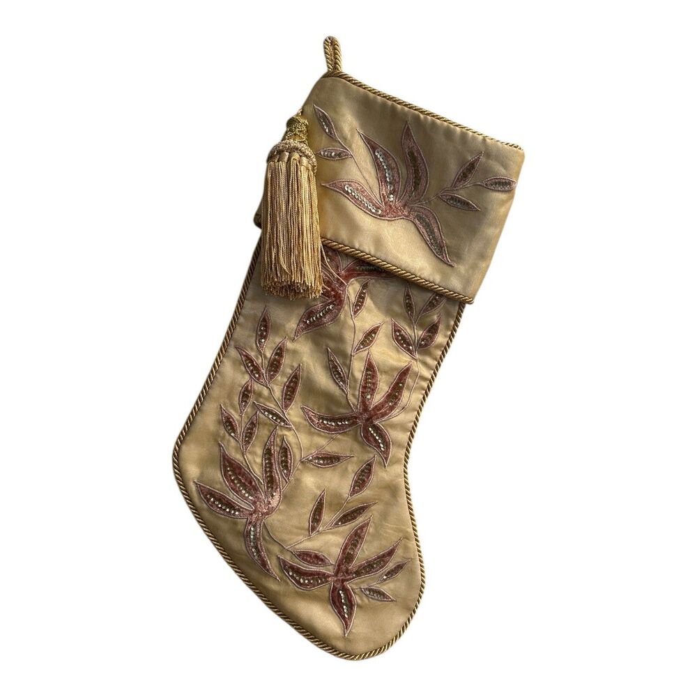 NWT Neiman Marcus Gold Silk Beaded Floral Christmas Stocking With Tassel
